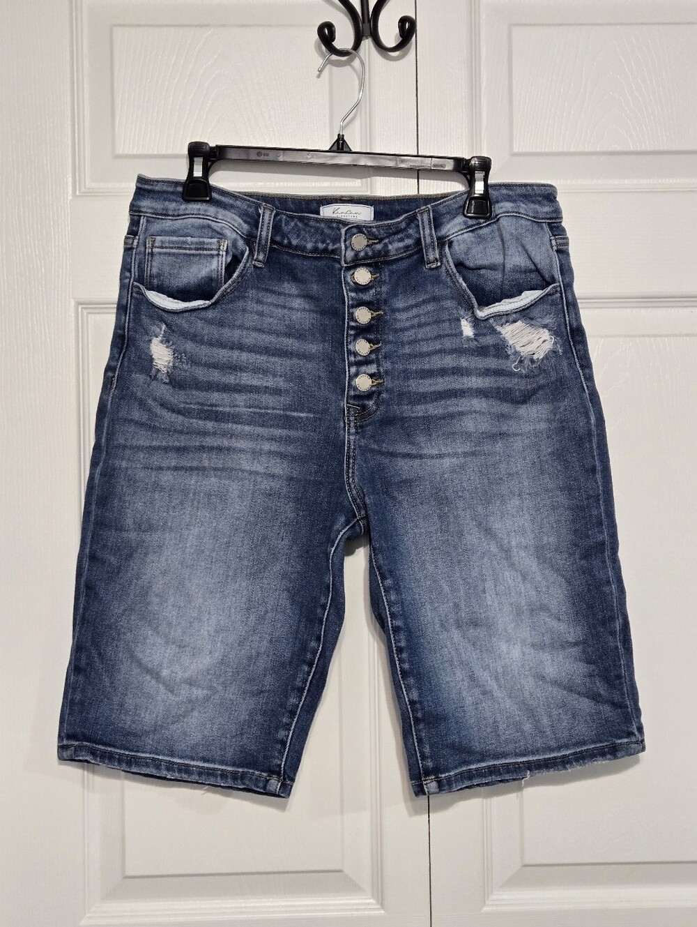 KanCan High- Rise Distressed Button-Fly Denim Shorts - Blue